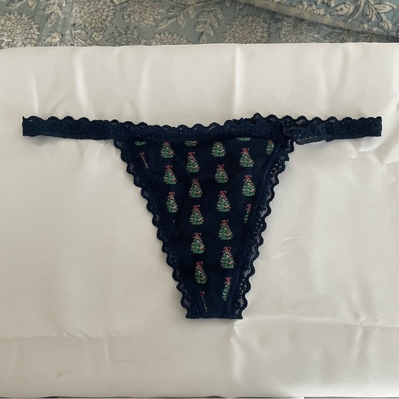 2 Victorias Secret VS NWT G V String Panty Teal Navy Blue Christmas Underwear S - Picture 2 of 11